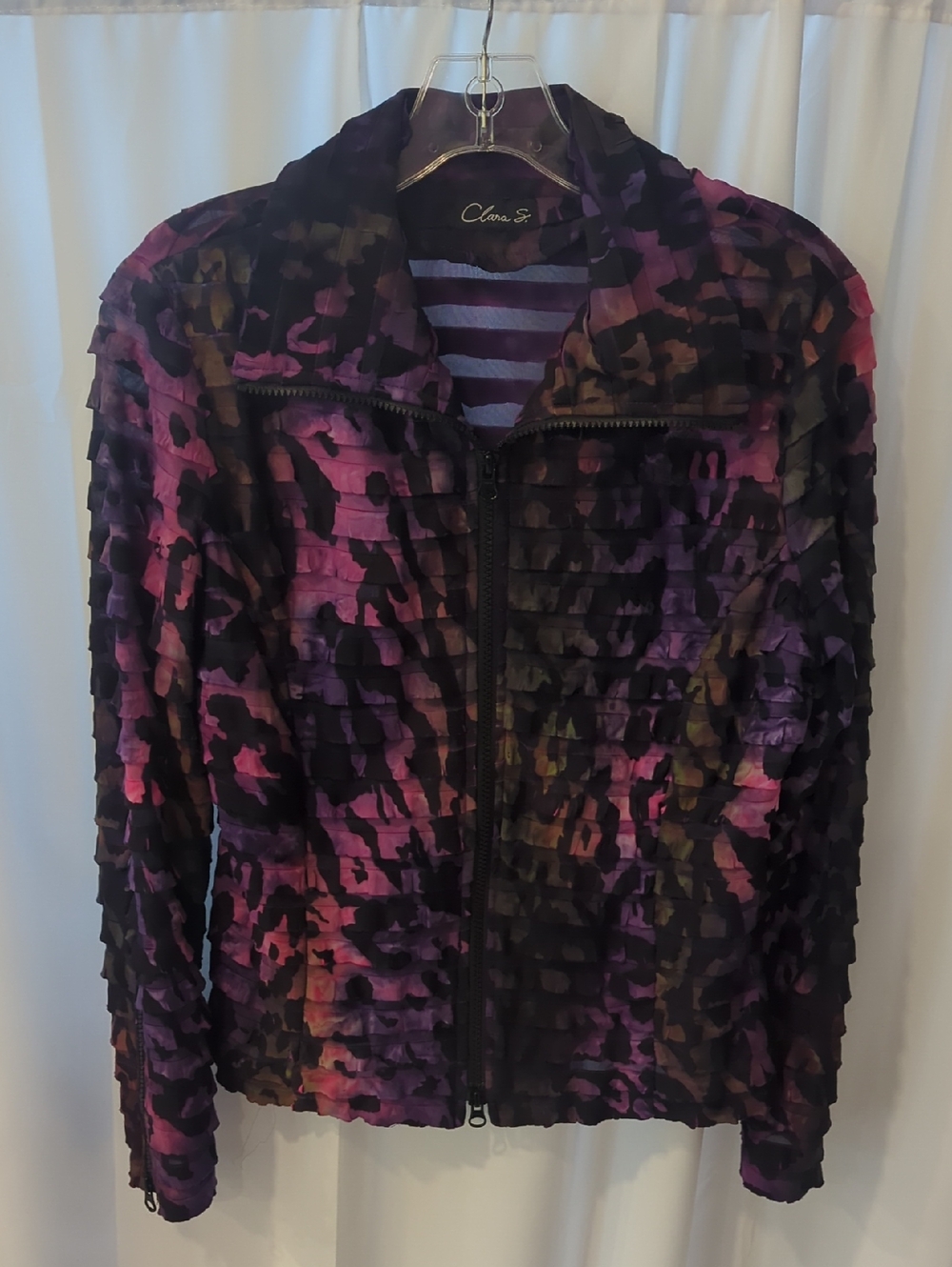 Clara S Women's Purple Ruffle-Texture Double Zip Jacket